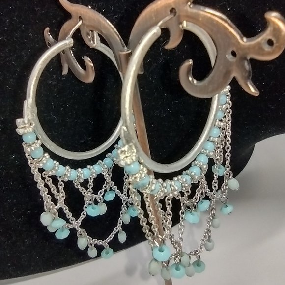 Vintage Turquoise Blue Bead Silver Hoops - Picture 2 of 7